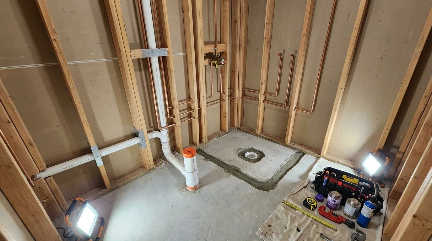 Bathroom rough-in plumbing during remodel by Johns Plumbing LLC in Jim Thorpe