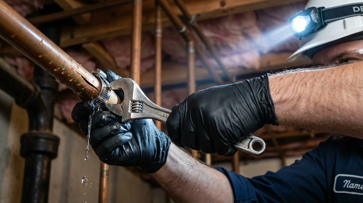 Emergency pipe clamp repair being performed by a Johns Plumbing LLC plumber in Jim Thorpe