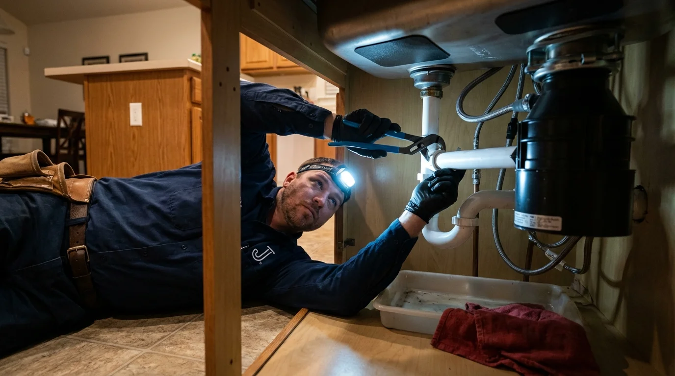 P-trap and supply line connections under a kitchen sink showing a common leak point in Jim Thorpe, PA